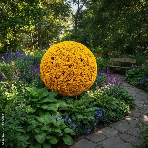 Golden yellow globe shaped form Adds bright color to the garden