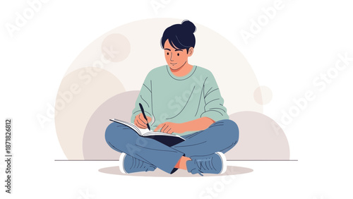 Young person writing in notebook, sitting cross-legged, creative illustration