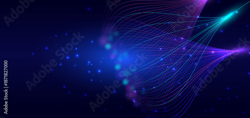 Network big data communcation blue and pink wave lines on dark background.