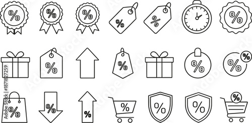 Discount and sale icon collection featuring percentage labels, price tags, gifts, shopping carts, arrows, badges, and promotion symbols