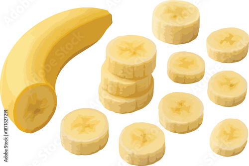 Whole banana and sliced banana pieces on white background