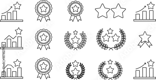 Award and achievement icon collection featuring stars, medals, laurels, growth charts, ratings, certificates, and success outline designs