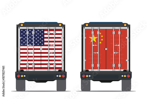 Rear view of a delivery truck featuring the national flags of the United States and China.