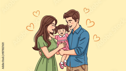 Happy young mother and father embrace their child with care and love. Family concept. Vector illustration