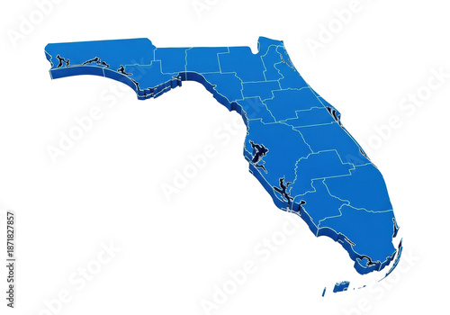Meticulously detailed 3D rendering of the map of Florida in deep cerulean blue, sharp contours, isolated on transparent background with studio lighting, concept of geographical precision