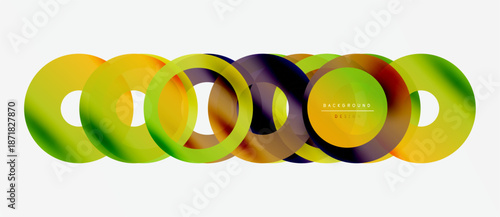 Abstract colorful circles overlap creating dynamic visual effect. Gradient shades blend smoothly, forming modern design element.