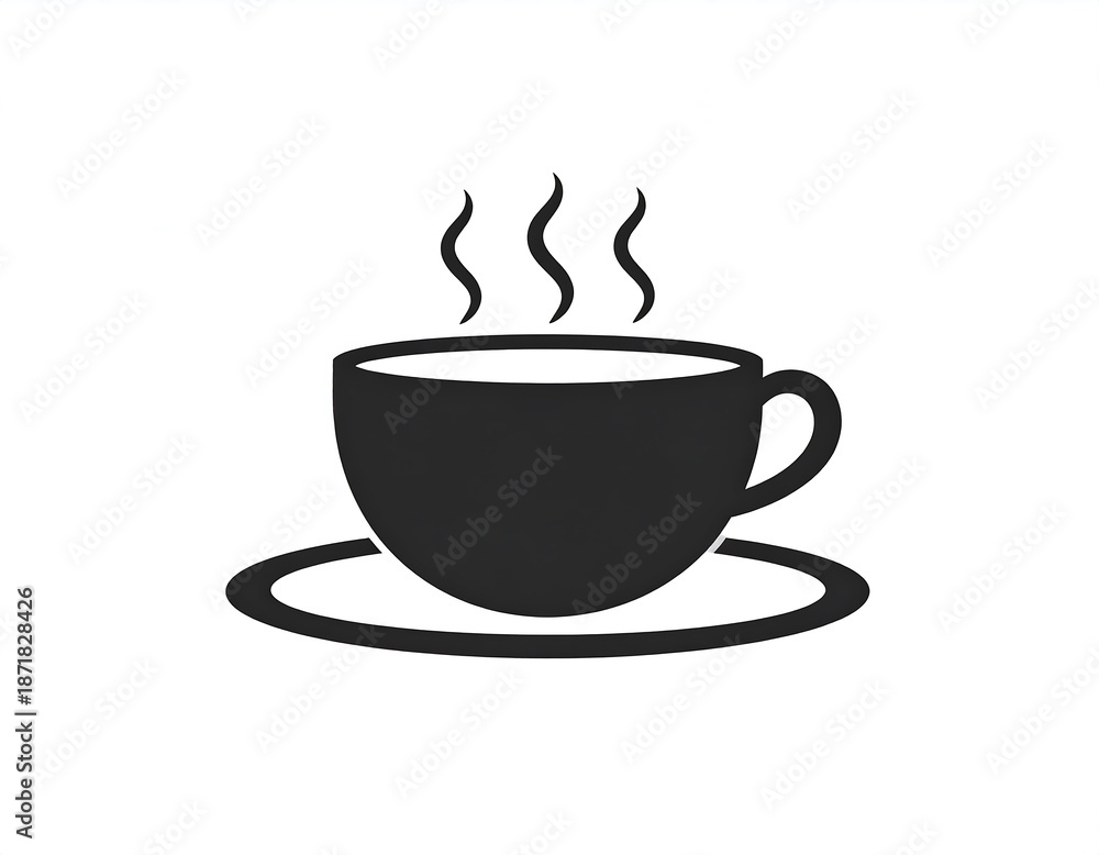 Obraz premium Monochrome depiction of a steaming coffee cup atop a saucer. The beverage gives off three stylized heat waves against a bright white backdrop