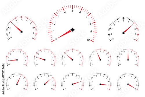 Set of various speedometers and gauges with red needles and black numbering