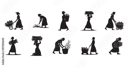 Traditional Rural Women Carrying Firewood Silhouette Vector Icon Set.