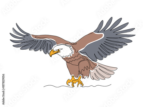 large bird of prey in flight, an eagle with open wings, abstract continuous single one line art hand drawing sketch logo on white background