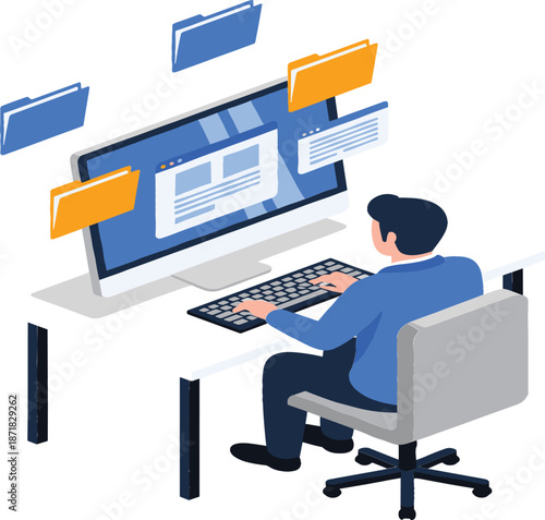 Professional business team analyzing spreadsheet data on large monitor screen, corporate collaboration, financial audit and digital project management isometric illustration.