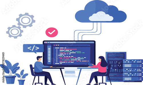 Software developers working on cloud computing and web coding, programmers managing server data and digital infrastructure with flat illustration.