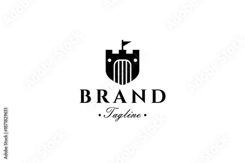 Royal castle logo in shield shape concept with flat vector design style
