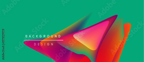 Vibrant abstract shapes overlap turquoise background. Modern design elements create dynamic visual impact. Colorful gradients enhance composition.