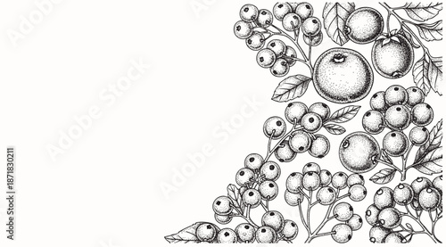 Hand drawn collection of fruits and leaves in vintage engraving style