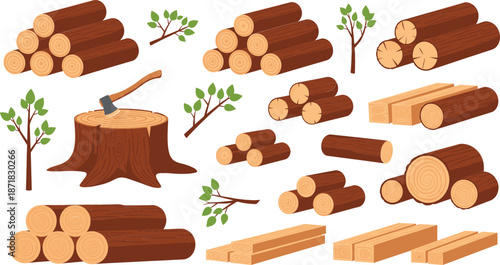 Vector illustration set of wood logs, timber planks, tree stumps with axes, and green branches isolated on white for forestry and woodwork.