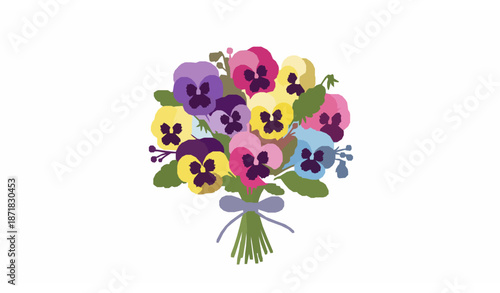 Stylized colorful pansy flower bouquet vector illustration on white background