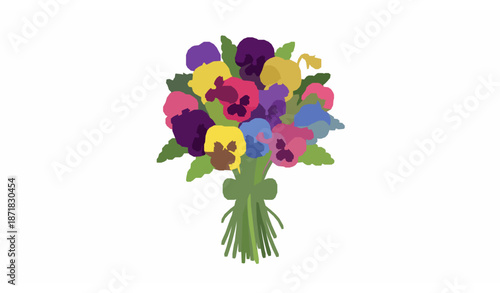 Hand-tied colorful pansy bouquet flat vector illustration on white background