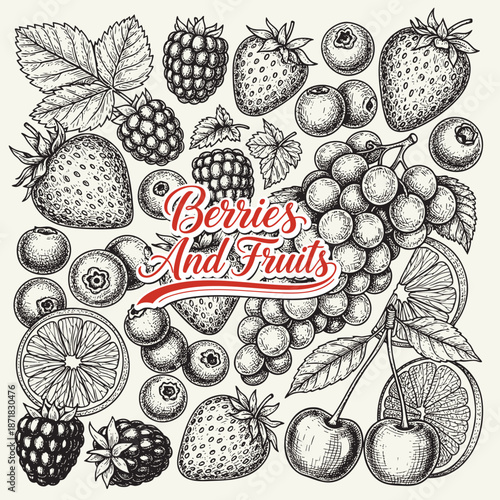 Berry hand drawn vector set fruit botany illustration berries engraving doodle sketch etch line currant raspberry strawberry blueberry cherry gooseberry dessert ingredient black white isolated graphic