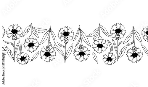 Flat vector seamless background with blue cornflowers on white background