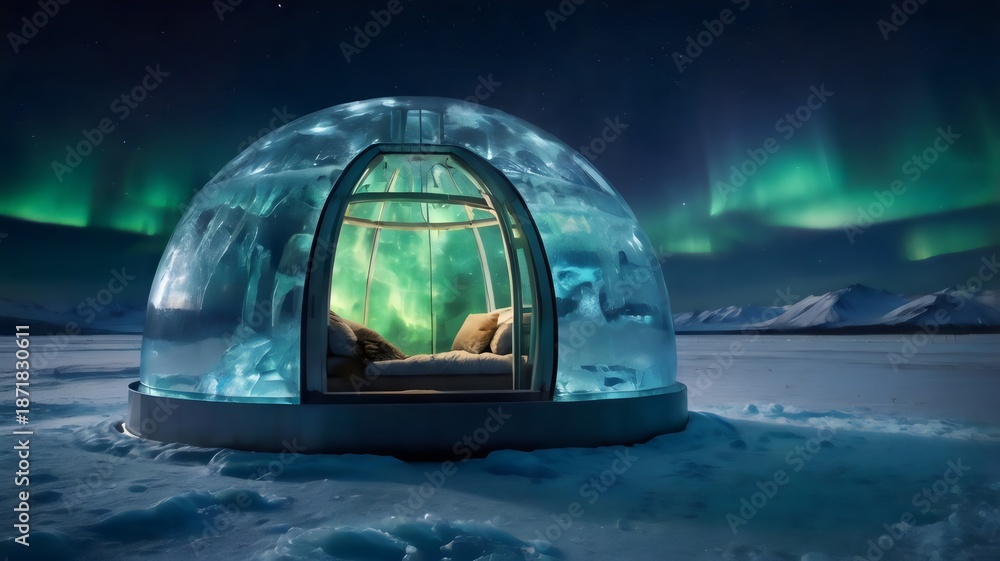 Obraz premium Northern lights hidden inside an ice capsule, surreal landscape illustration, aurora borealis concept art, futuristic nature visualization, creative environmental artwork