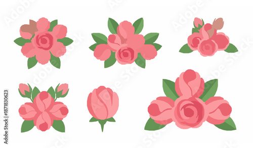 Stylized vector set of pink rosebud decorative elements on white background