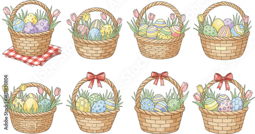 Vector set of Easter baskets with colorful decorated eggs and tulips in grass featuring various woven textures and red bows for spring holiday.