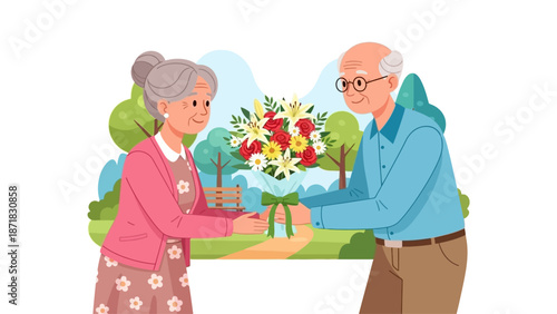Old couple on date 2D vector isolated illustration. Old man presenting floral arrangement to wife flat characters on cartoon background. Showing affection and care with bouquet colourful scene