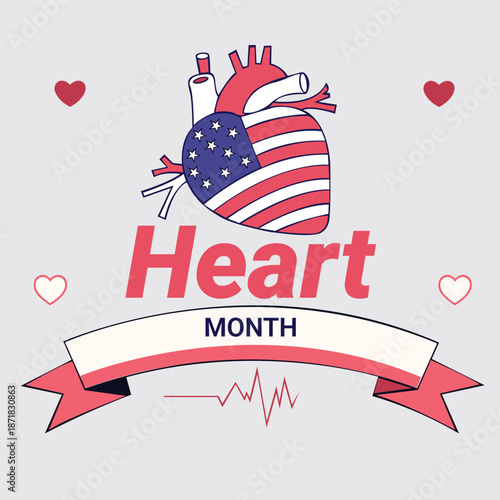 A patriotic heart illustration with american flag colors and imagery promotes heart month awareness and national health