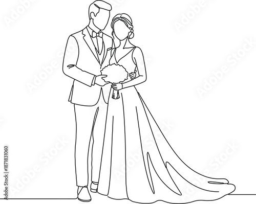 Minimal line art illustration of elegant wedding couple holding bouquet in modern outline style