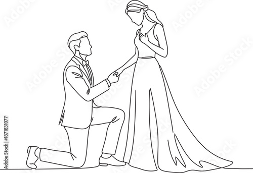 Minimal line art illustration of romantic marriage proposal couple with elegant wedding dress outline style