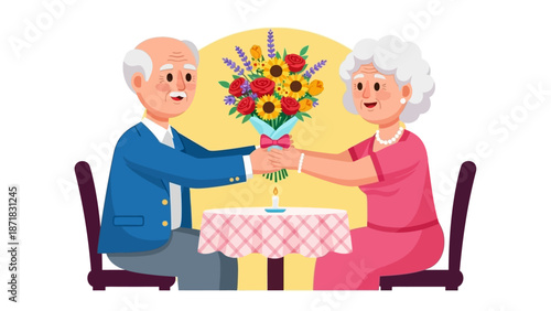 Old couple on date 2D vector isolated illustration. Old man presenting floral arrangement to wife flat characters on cartoon background. Showing affection and care with bouquet colourful scene