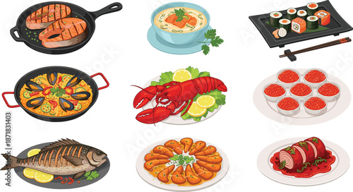 Vector set of gourmet seafood dishes featuring grilled salmon, lobster, sushi rolls, paella, whole grilled fish, shrimp, caviar, and hearty fish soup.