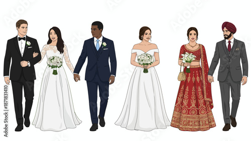 Set of different wedding couples. Bride and groom in formal clothes on wedding day, marriage ceremony. Just married love couple, newlyweds. Realistic vector illustrations isolated on white background