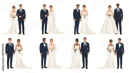 Set of different wedding couples. Bride and groom in formal clothes on wedding day, marriage ceremony. Just married love couple, newlyweds. Realistic vector illustrations isolated on white background
