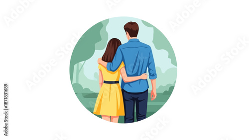 Isolated round composition with back view of young people lovers walking spending time together