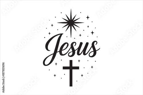 Basic RGBInspirational Christian symbol with Jesus and cross under starry night sky