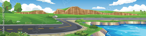 Vector illustration of a winding asphalt road running through a green landscape with a river, rocky cliffs, trees, and a blue sky with white clouds. Scenic nature background for travel concepts.