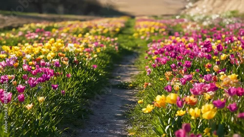 Vibrant Tulip Field with Colorful Blossoms and Scenic Pathway Under Bright Sunshine in Spring. Seamless looping 4k video background 
