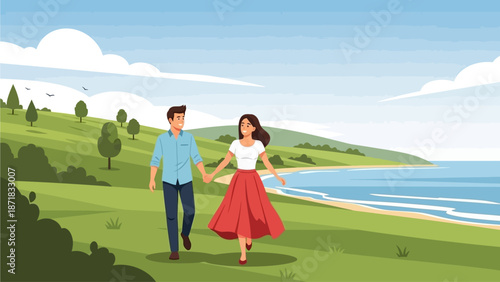 Love couple walking in nature. Happy free man and woman at sea coast. Romantic date, stroll at countryside. Calm peaceful rural landscape with grass, water and people. Flat vector illustration