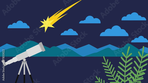 Telescope viewing a shooting star in a serene night landscape.