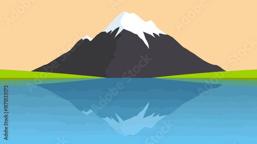 Serene landscape with mountain reflection in calm water.