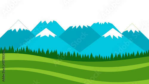 Serene landscape with mountains and rolling hills.