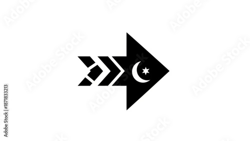 Black Arrow with Crescent Moon and Star Symbol on White Background
