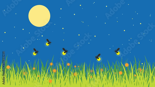 Fireflies Dancing in the Night Sky with Flowers and Grass.