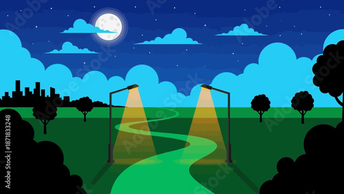 Serene Night Landscape with Spotlight Path.