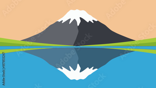 Serene mountain landscape with reflection in calm water.