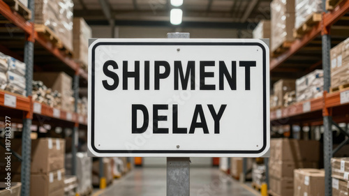 Shipment delay signage on industrial wall indicating logistics hold or freight transportation problem