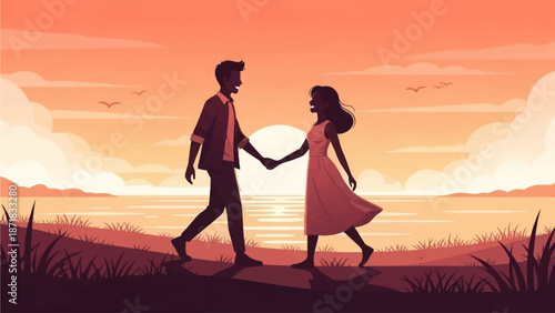 Love couple walking in nature. Happy free man and woman at sea coast. Romantic date, stroll at countryside. Calm peaceful rural landscape with grass, water and people. Flat vector illustration