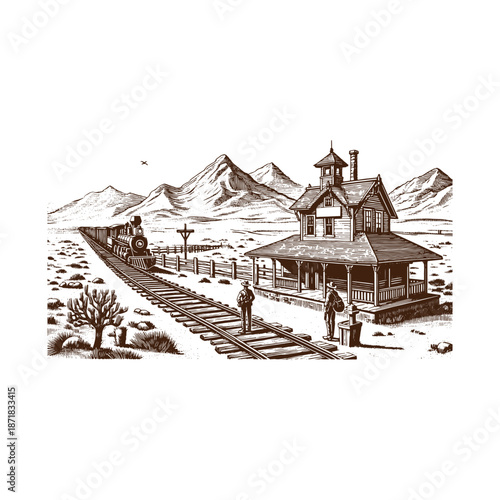 Vintage train station with tracks and people